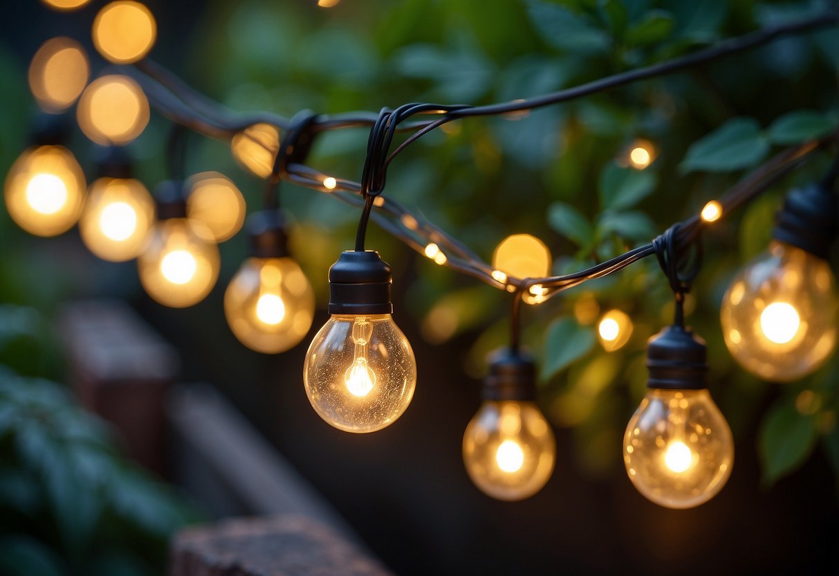 A garden adorned with twinkling solar string lights, casting a warm and festive glow on the surrounding plants and structures