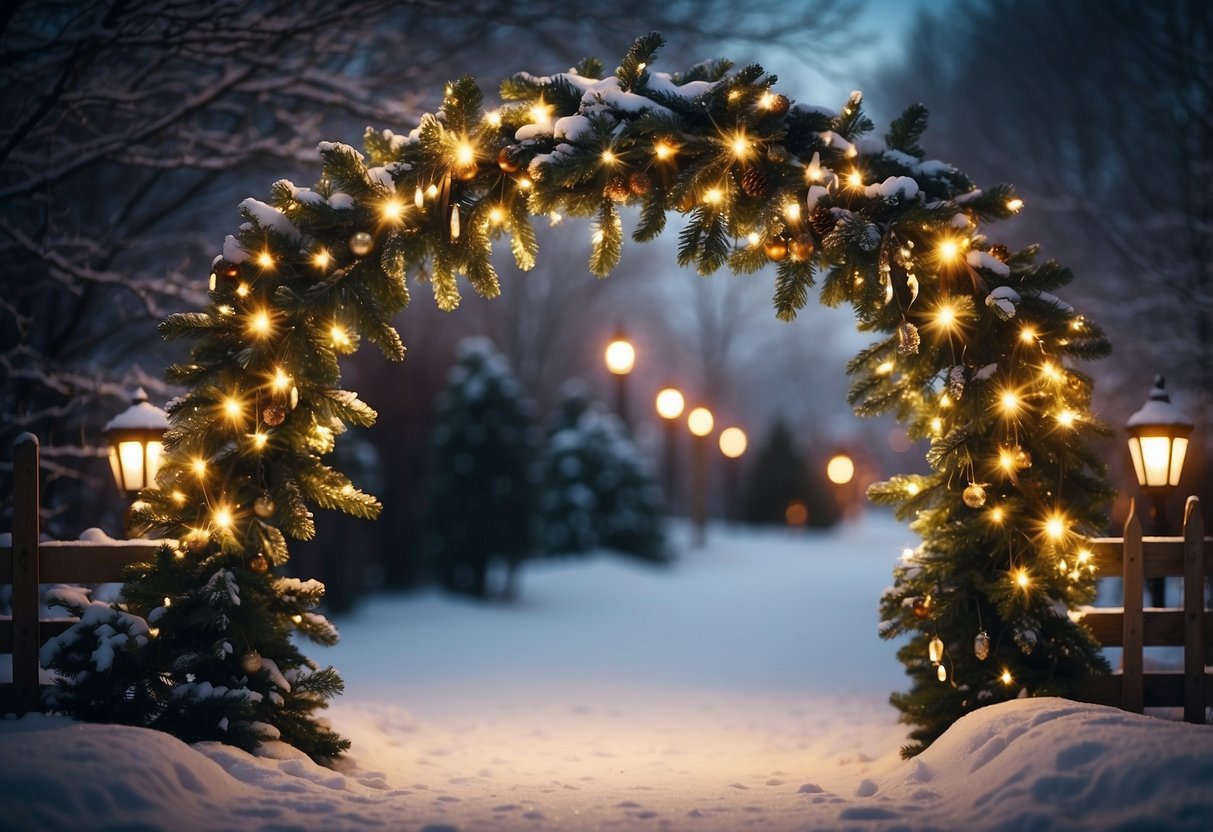 A glowing holiday wreath hangs on a garden gate, surrounded by twinkling lights and snow-covered greenery