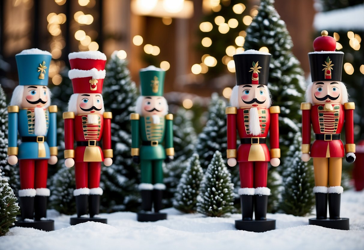 A whimsical garden filled with life-sized Nutcracker statues, adorned with festive holiday decorations and surrounded by twinkling lights and snow-covered trees