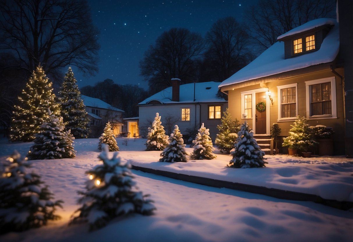 A snow-covered garden at night, with a house in the background. A Christmas projector beams colorful holiday images onto the exterior of the house, creating a festive and whimsical atmosphere