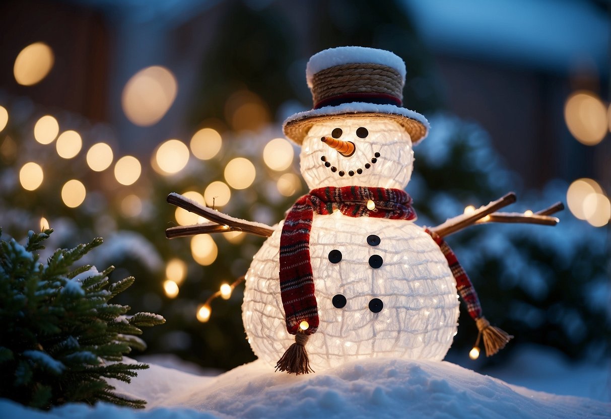 A snowman made of rope lights stands in a garden, surrounded by twinkling lights and snow-covered plants