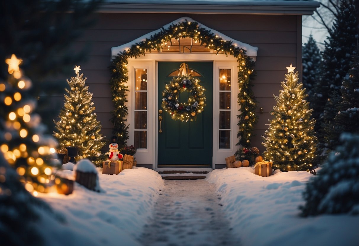 A cozy backyard with twinkling lights adorning trees and bushes, a festive wreath on the front door, and a jolly snowman standing in the corner