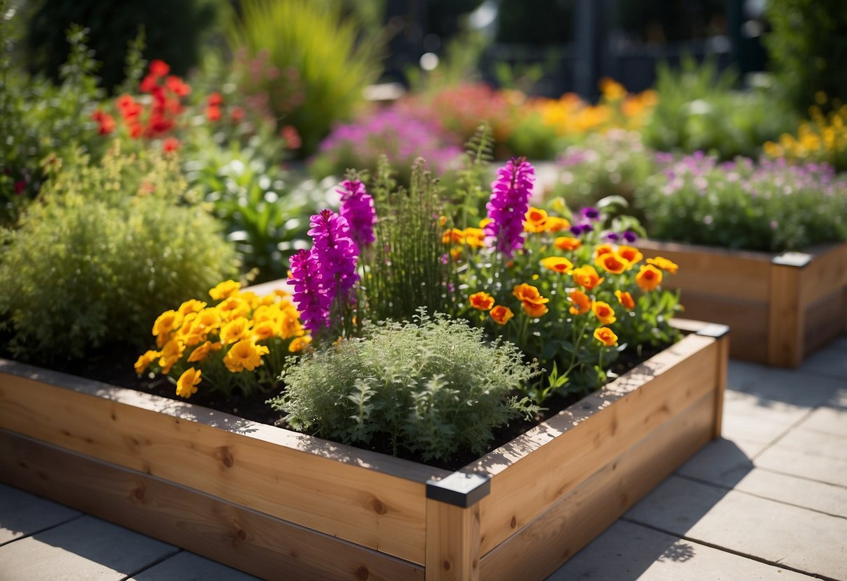 Colorful raised bed planters arranged in a sunny nursery garden, filled with vibrant flowers and lush greenery. Tall grasses and small shrubs border the planters, creating a picturesque and inviting space