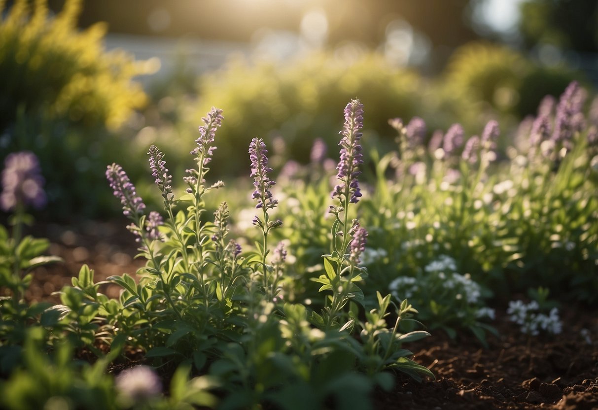 Lush green herbs and flowers fill the garden beds, with a gentle breeze carrying their fragrant scents. Bees buzz around, and the sun casts dappled shadows on the ground