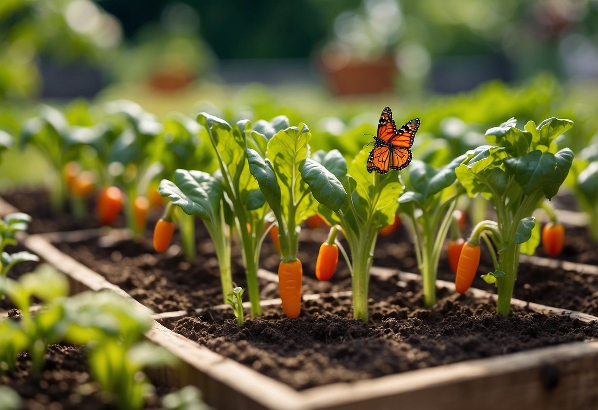 A small vegetable patch with tiny carrots, tomatoes, and lettuce growing in neat rows. Colorful butterflies flutter around the plants, and a small watering can sits nearby