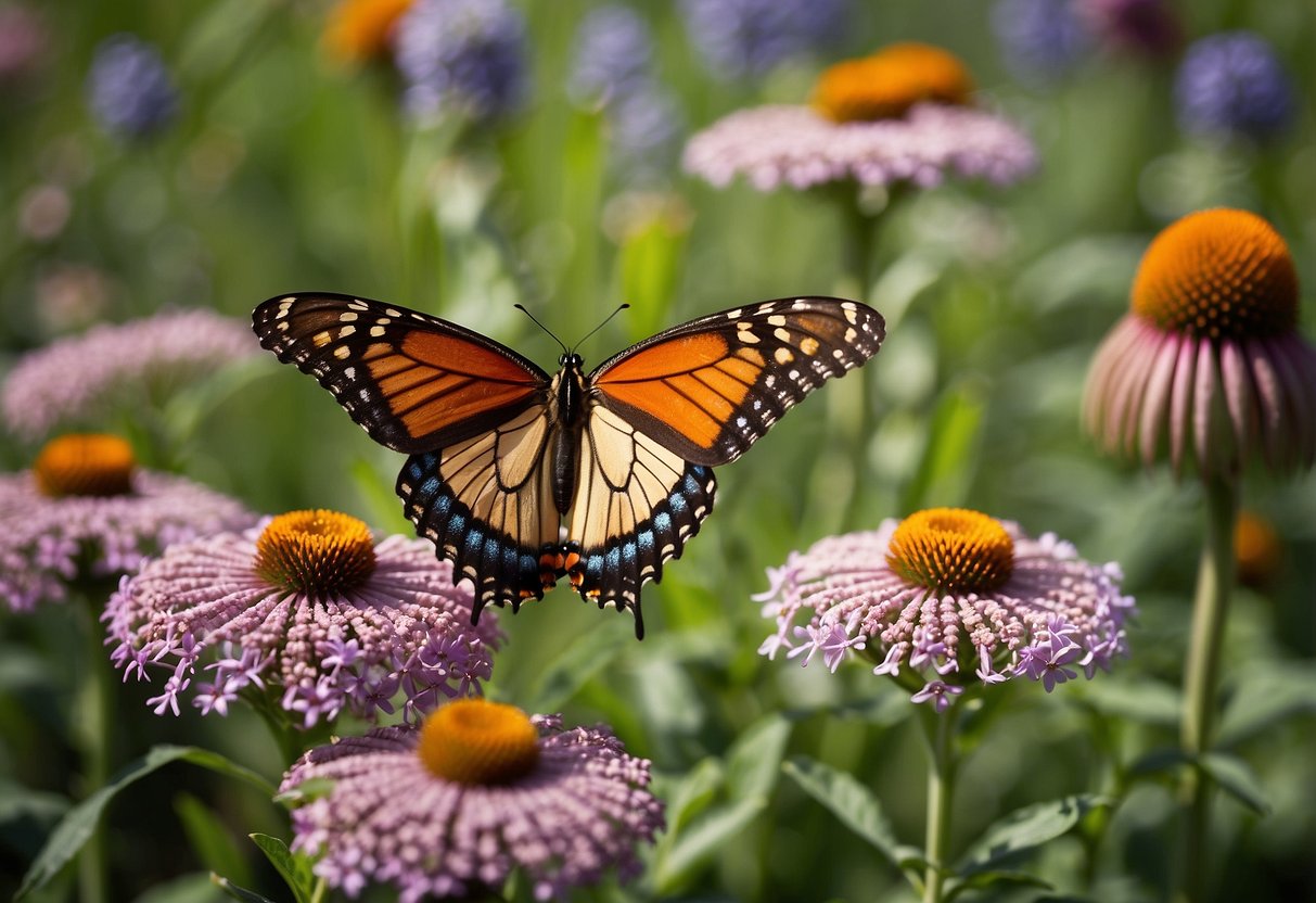 A variety of colorful flowers, including milkweed, coneflower, and butterfly bush, are planted in a sunny garden. Butterflies flit from flower to flower, attracted by the nectar and vibrant colors