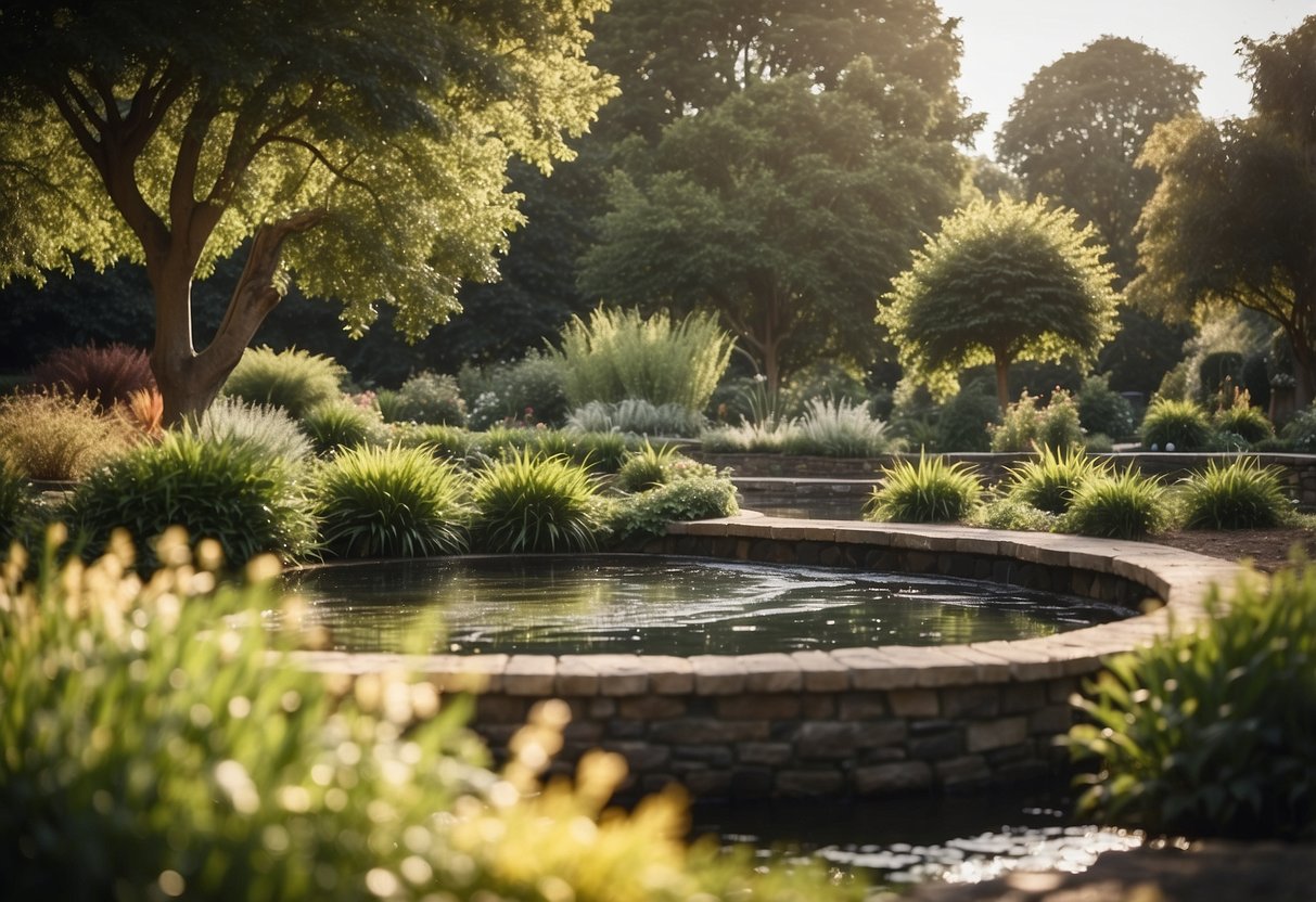 The nursery garden is filled with vibrant water features, from a bubbling fountain to a winding stream. Lush greenery surrounds the area, creating a peaceful and inviting atmosphere for children to explore and play