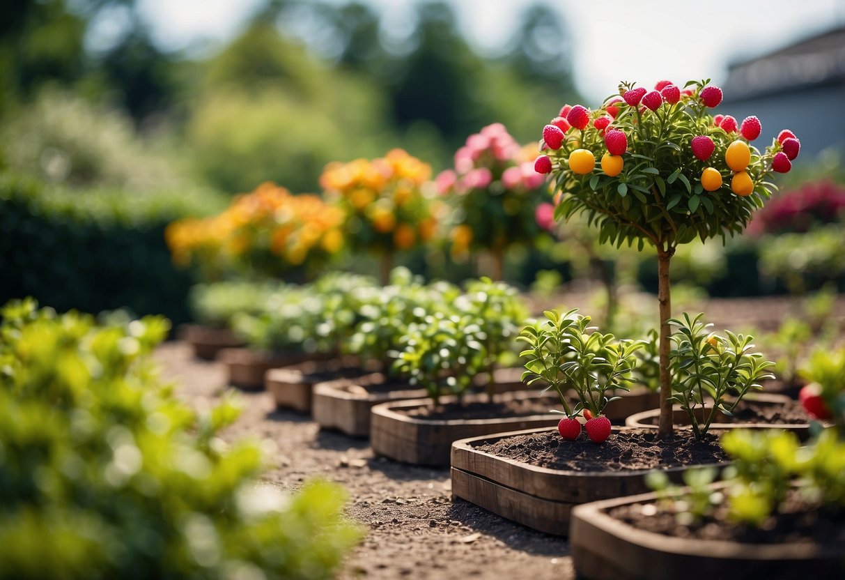 Mini fruit trees line a vibrant nursery garden, with colorful blooms and small, budding fruits. A quaint pathway winds through the lush greenery, creating a peaceful and inviting atmosphere