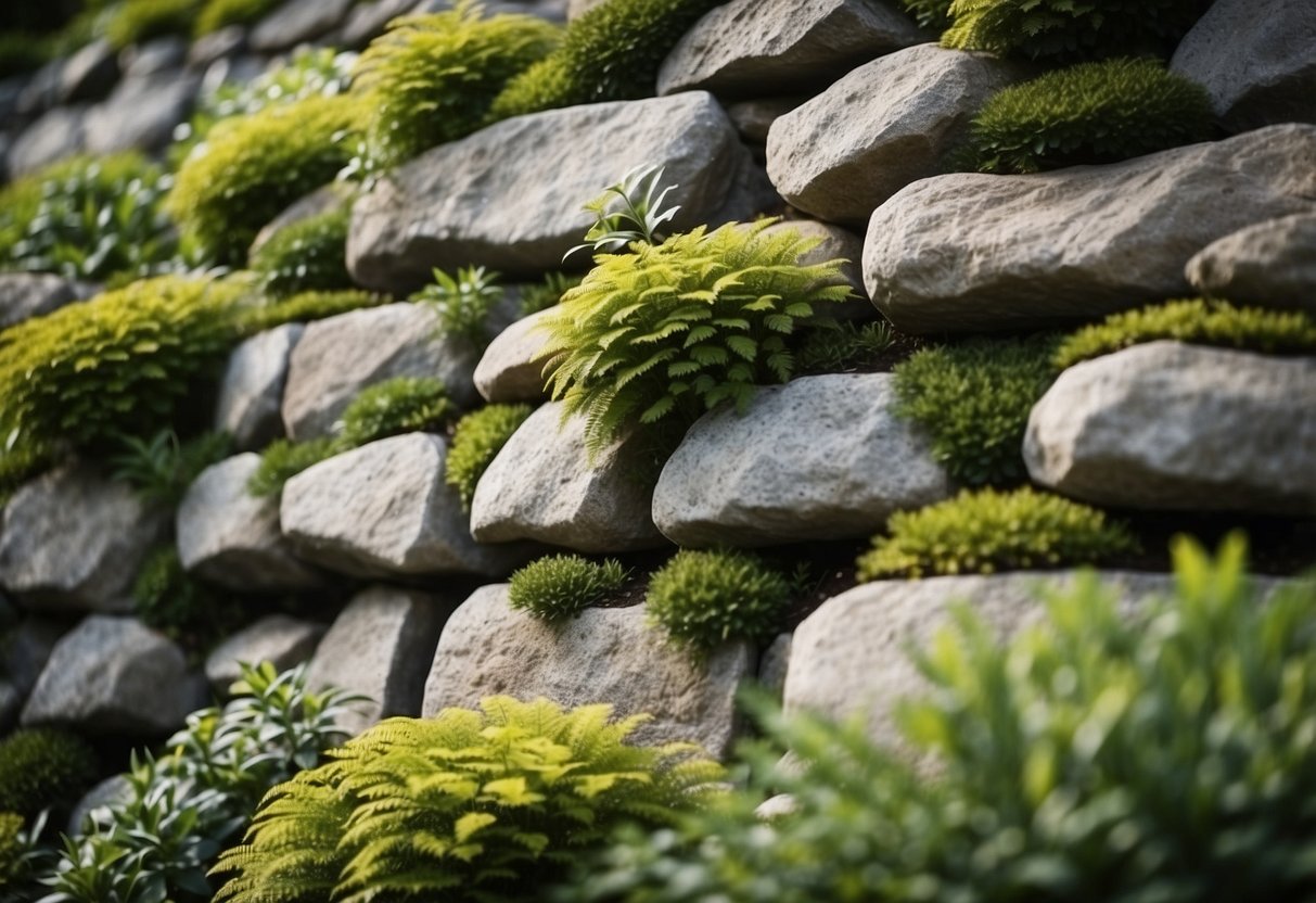 A tiered rock wall garden with various plants cascading down the levels, creating a lush and natural display of greenery against the textured rock surface