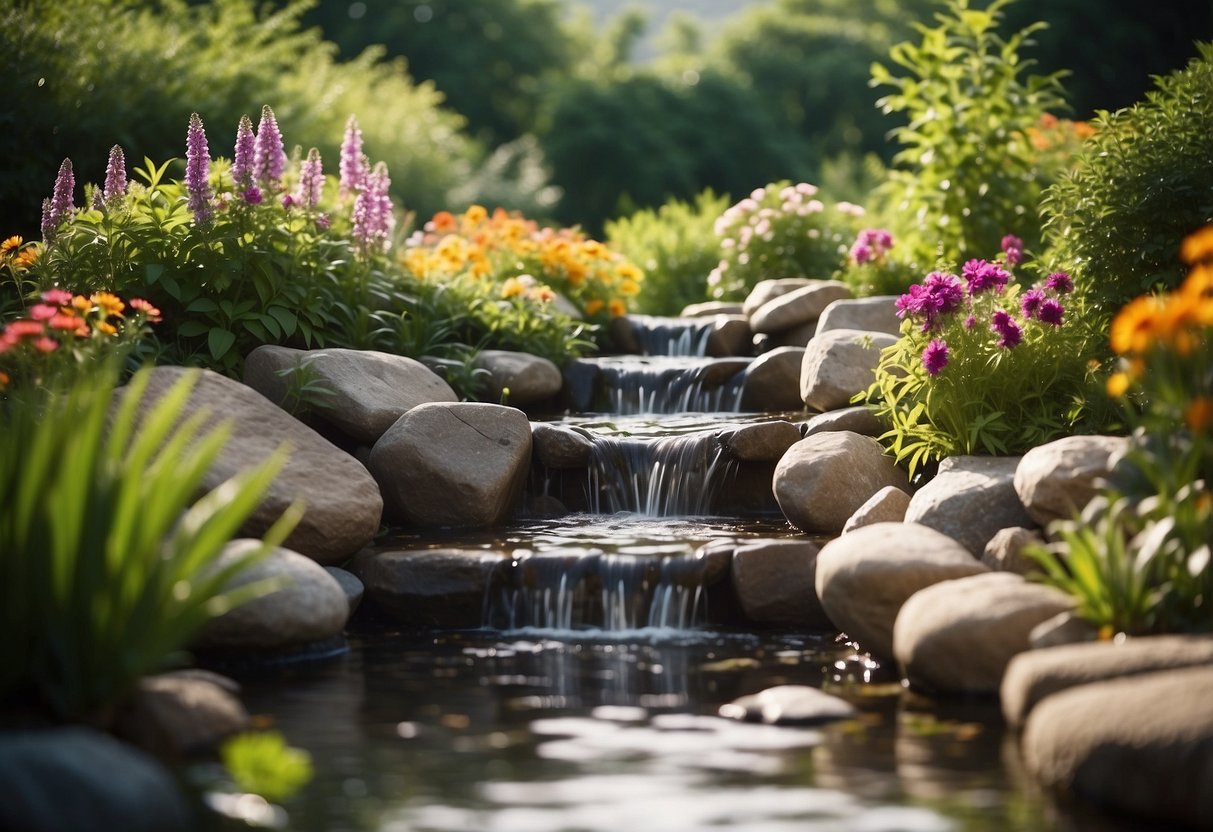 A tall garden wall of stacked rocks frames a serene water feature, surrounded by lush greenery and colorful flowers