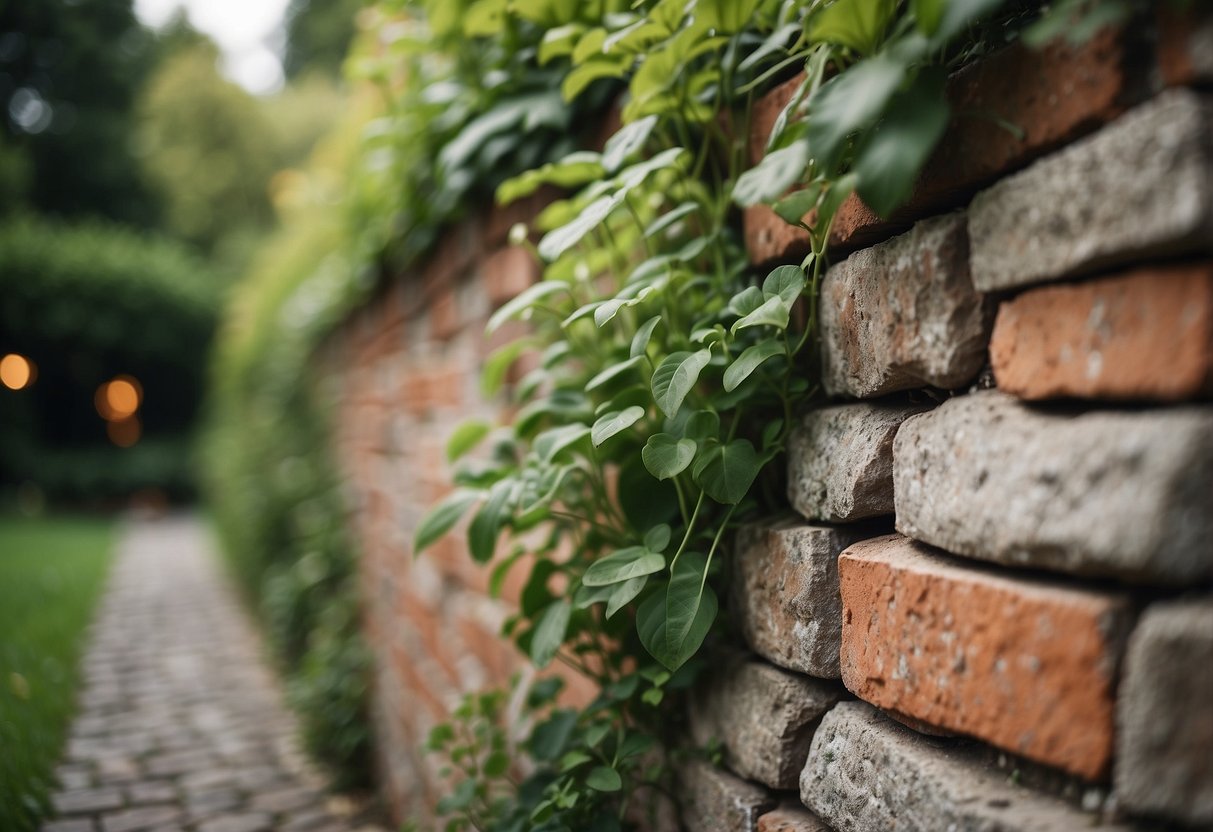 A mixed stone and brick wall rises in a garden, with greenery peeking through the crevices