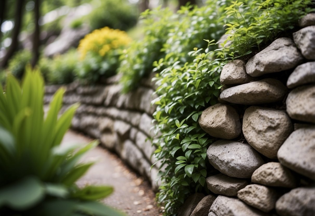 A curved rock wall with lush greenery spilling over the edges, creating a serene and natural garden feature