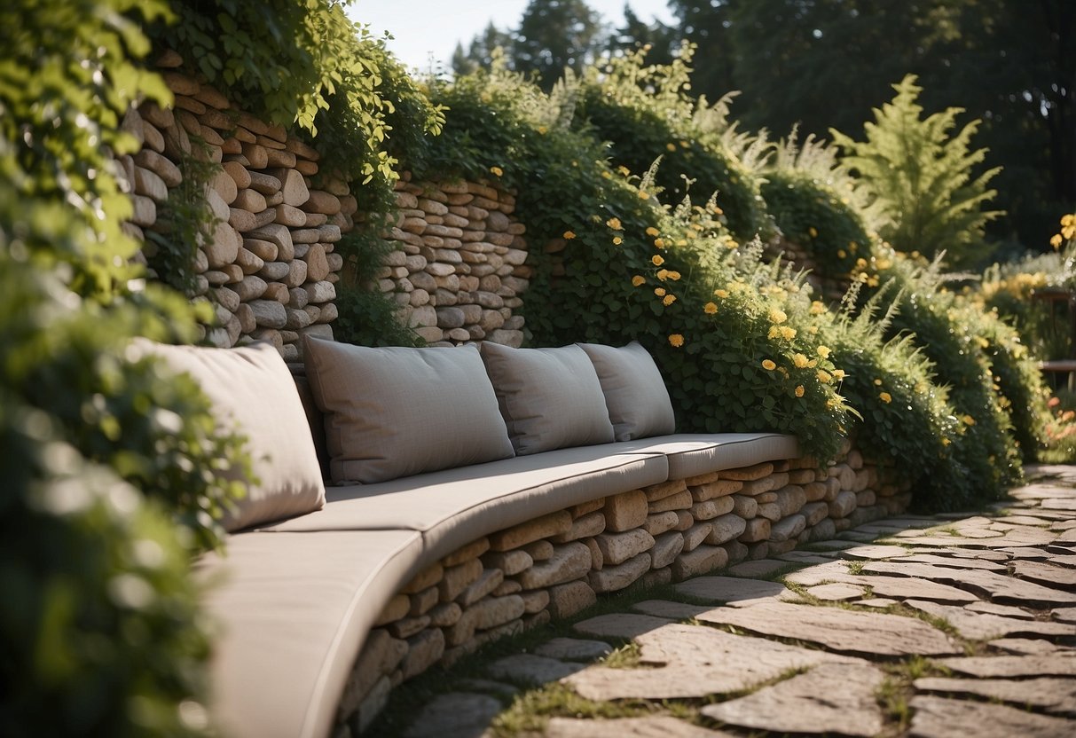 A rock wall curves around a garden, with built-in seating integrated into the structure. The wall is adorned with climbing plants and provides a cozy spot to relax outdoors