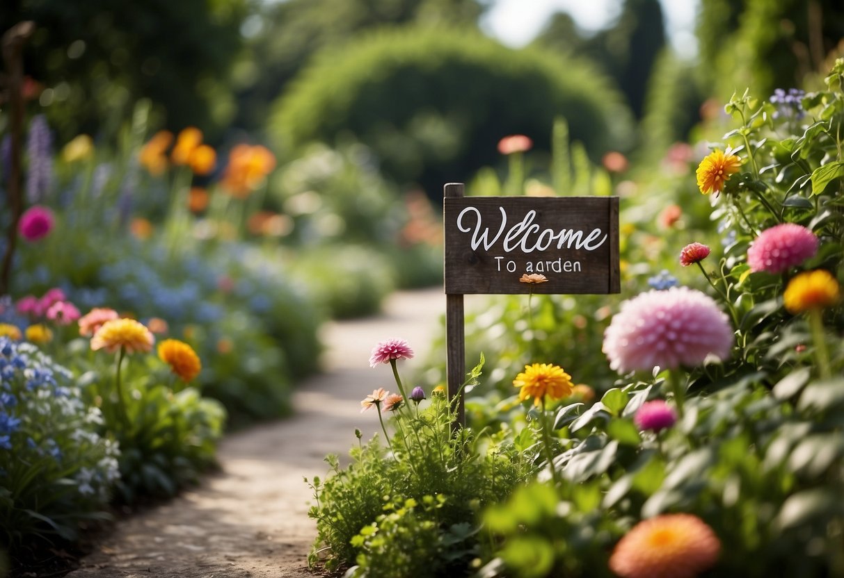 A colorful array of flowers and plants fill the garden, with a winding path leading through the lush greenery. A small sign reads "Welcome to Our Garden" in elegant script, surrounded by butterflies and birds