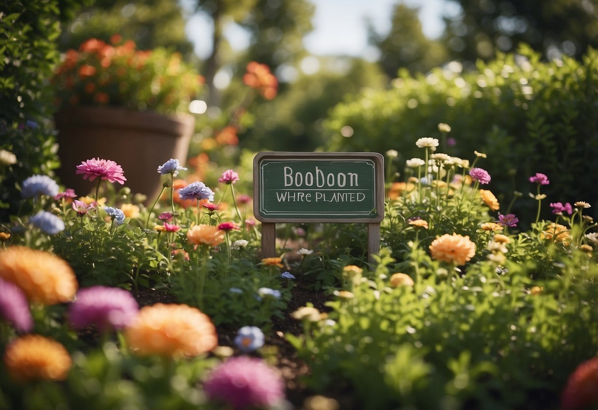 A colorful garden with blooming flowers, green plants, and a whimsical "Bloom Where You Are Planted" sign nestled among the foliage