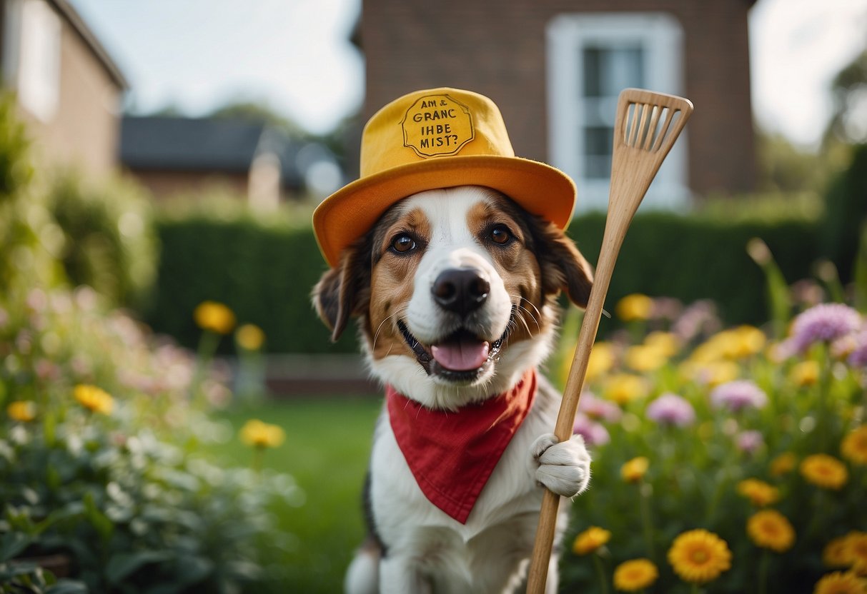 A comical sign warns of a dog in a gardener's hat, holding a rake and wearing a mischievous grin