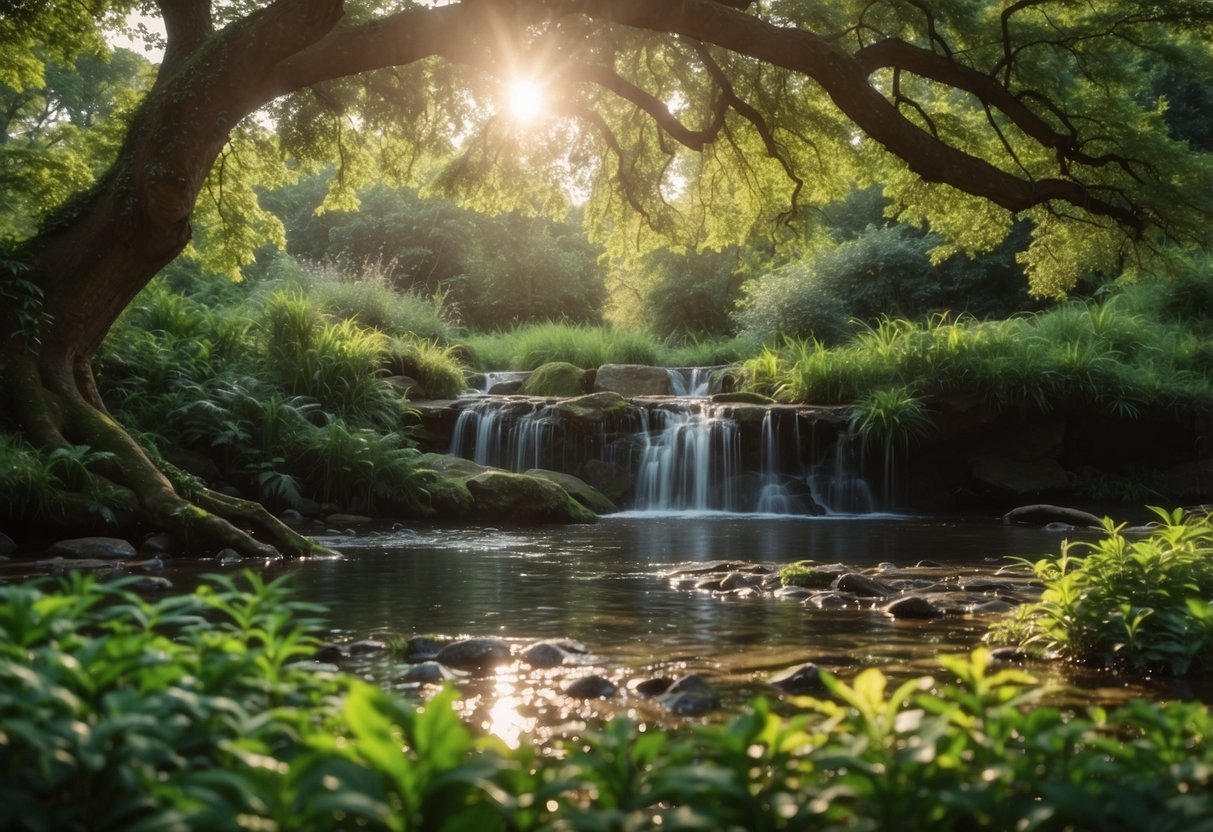 Lush green foliage surrounds a central tree, with vibrant flowers and a bubbling stream. A sense of tranquility and abundance fills the air