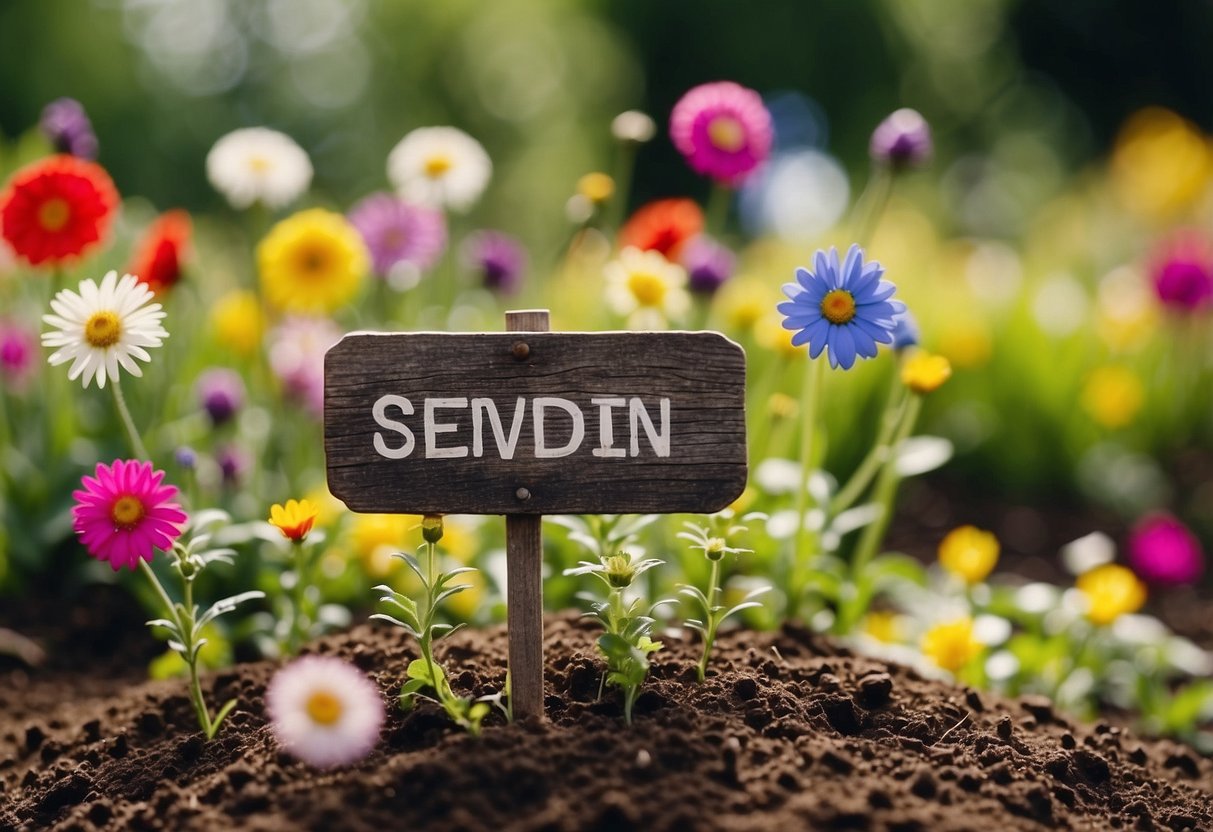 A garden sign with colorful flowers, happy faces, and hearts growing from the soil