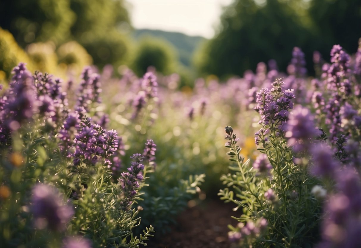 A lush garden with vibrant thyme plants growing in neat rows, surrounded by colorful flowers and buzzing bees