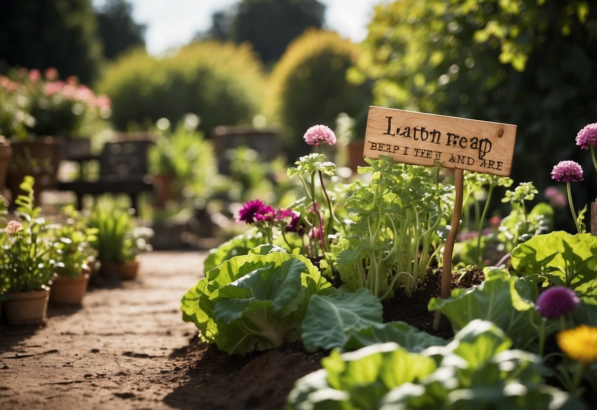 A garden with humorous signs: "Bloom where you are planted," "Weed it and reap," and "Lettuce turnip the beet."  Various plants and flowers surround the signs