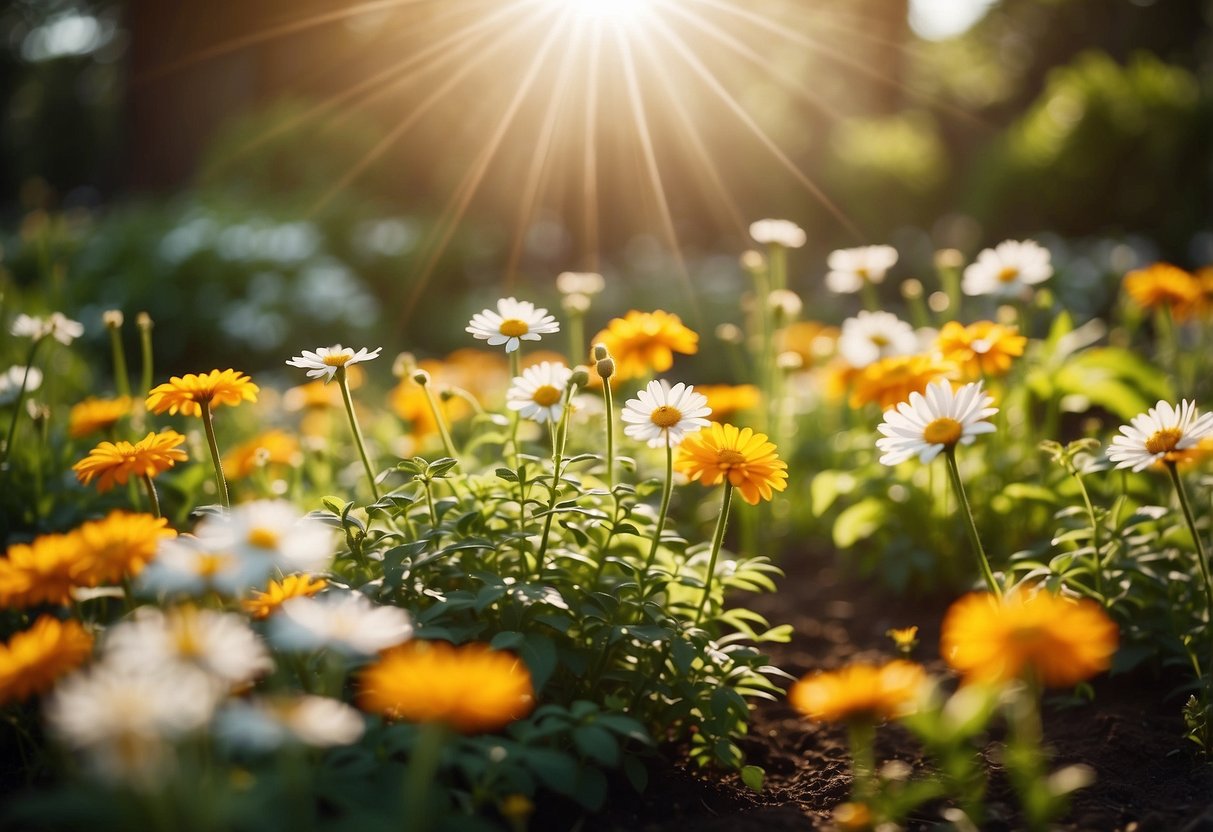 A vibrant garden with blooming flowers, lush greenery, and a bright sun shining overhead, radiating warmth and happiness