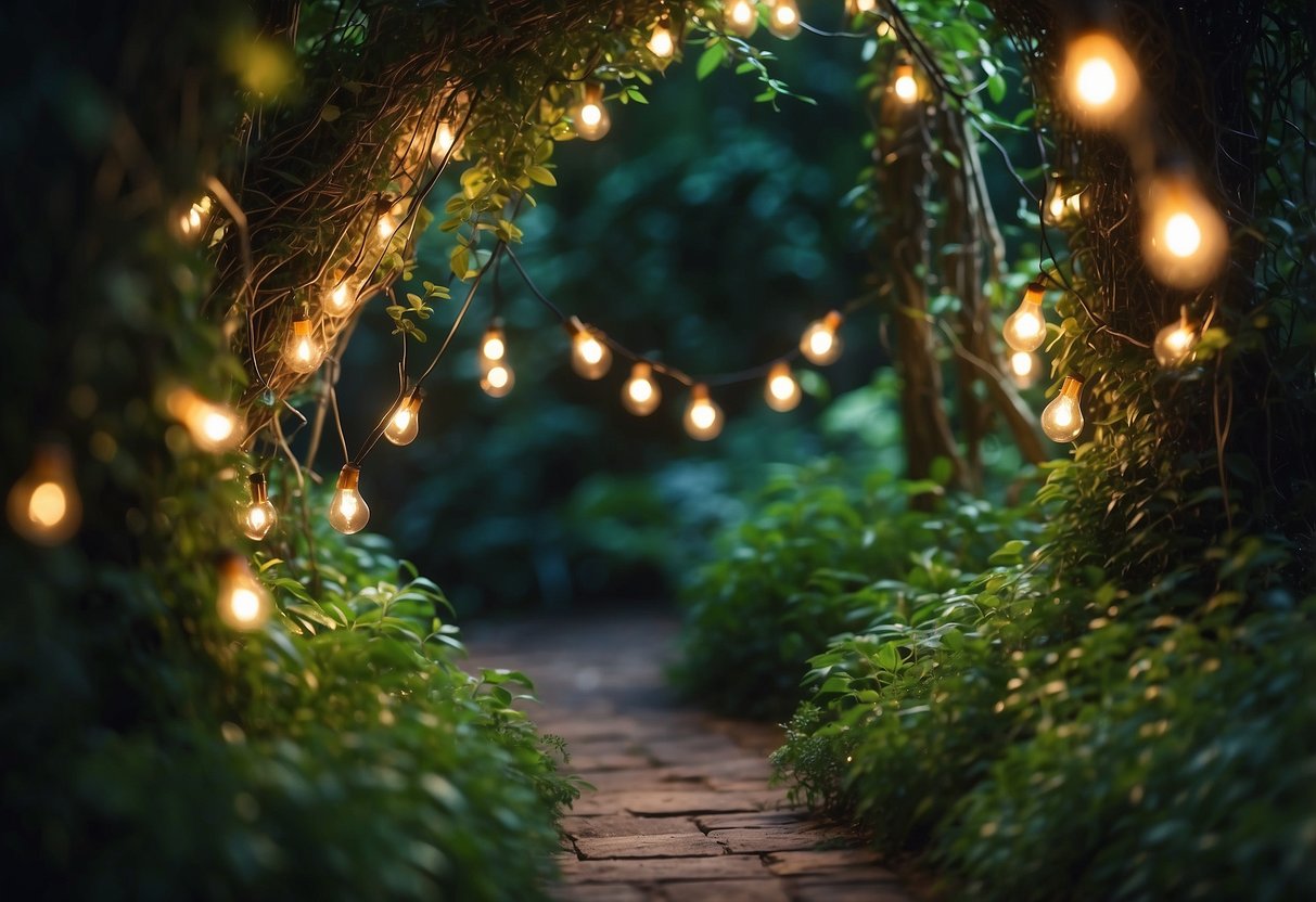 Glowing fairy lights weave through lush foliage in a secret garden, casting a magical glow over winding pathways and hidden nooks