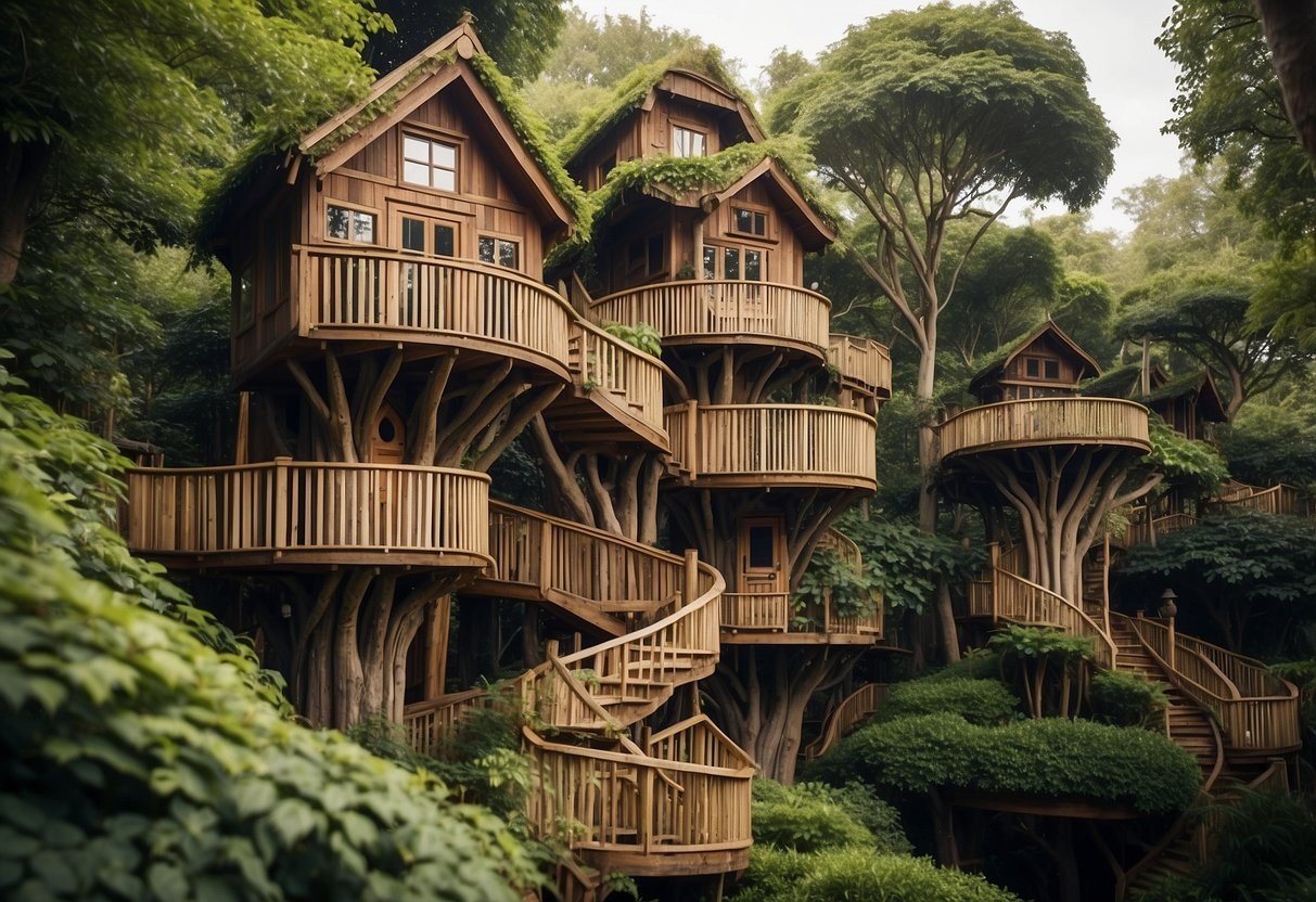 A cluster of whimsical treehouses nestled among lush greenery in a hidden garden. Each treehouse is uniquely designed, with winding staircases and colorful details