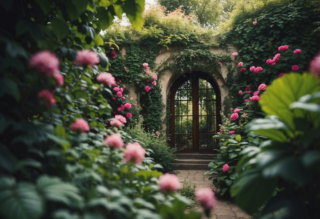 Lush greenery and vibrant flowers peek out from behind a tangle of vines, creating a secret garden oasis