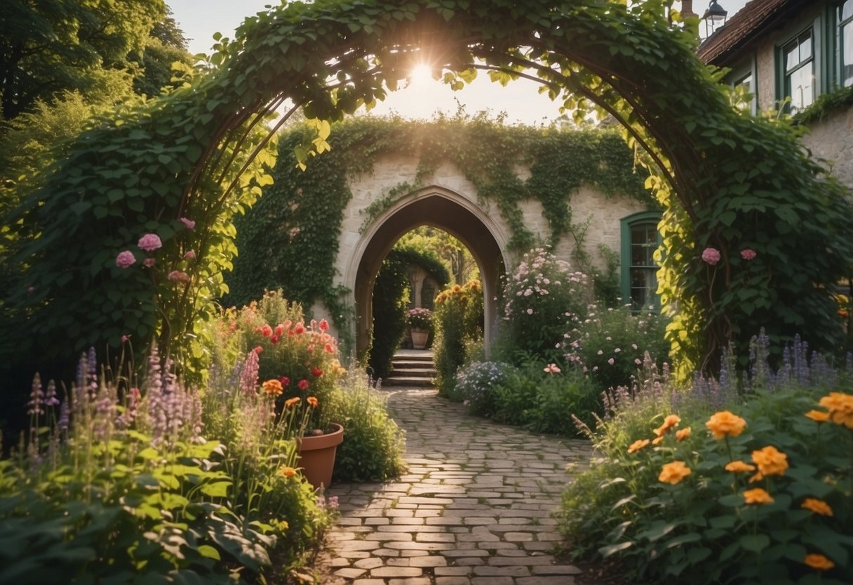 A cottage garden with archways, overgrown with colorful flowers and vines, creating a hidden and enchanting atmosphere