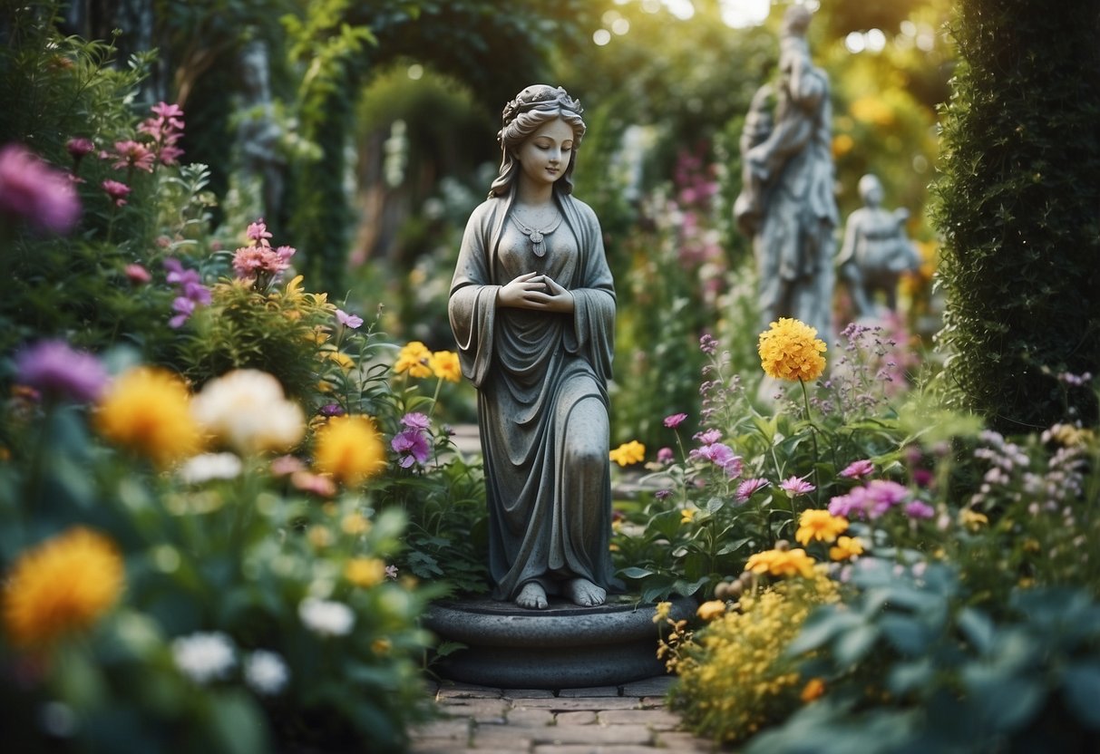 Enchanted garden with mystical statues, overgrown with lush foliage and colorful flowers, creating a whimsical and magical atmosphere