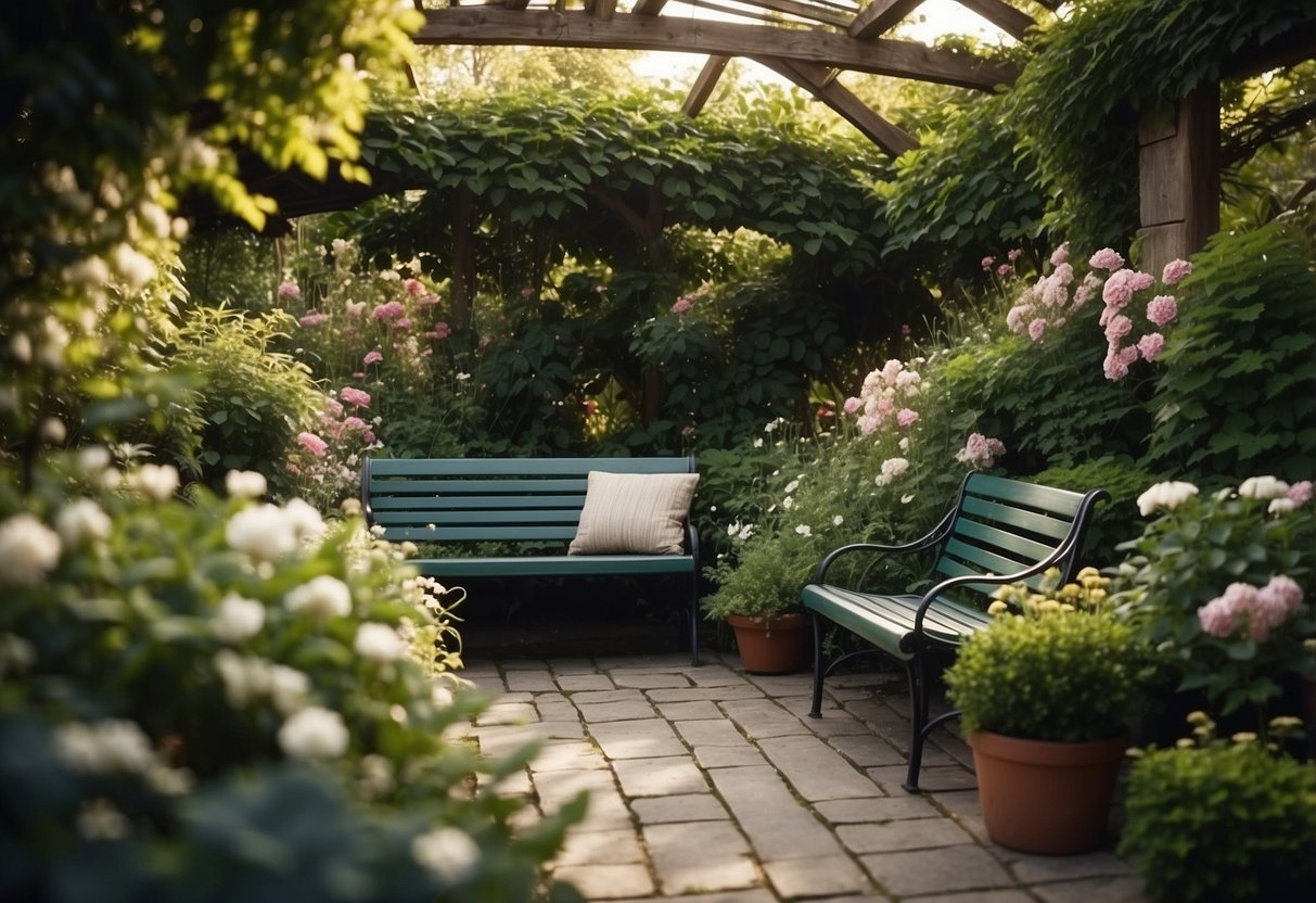 A secluded garden seating area with lush greenery, winding vines, and a cozy bench tucked away under a canopy of blooming flowers