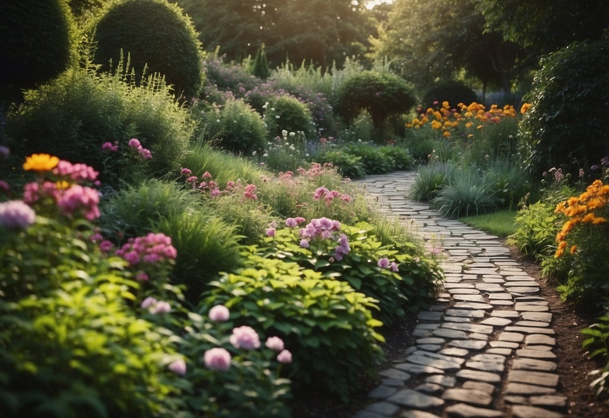 A winding path through lush foliage and vibrant flowers, with stepping stones leading to a secluded garden oasis