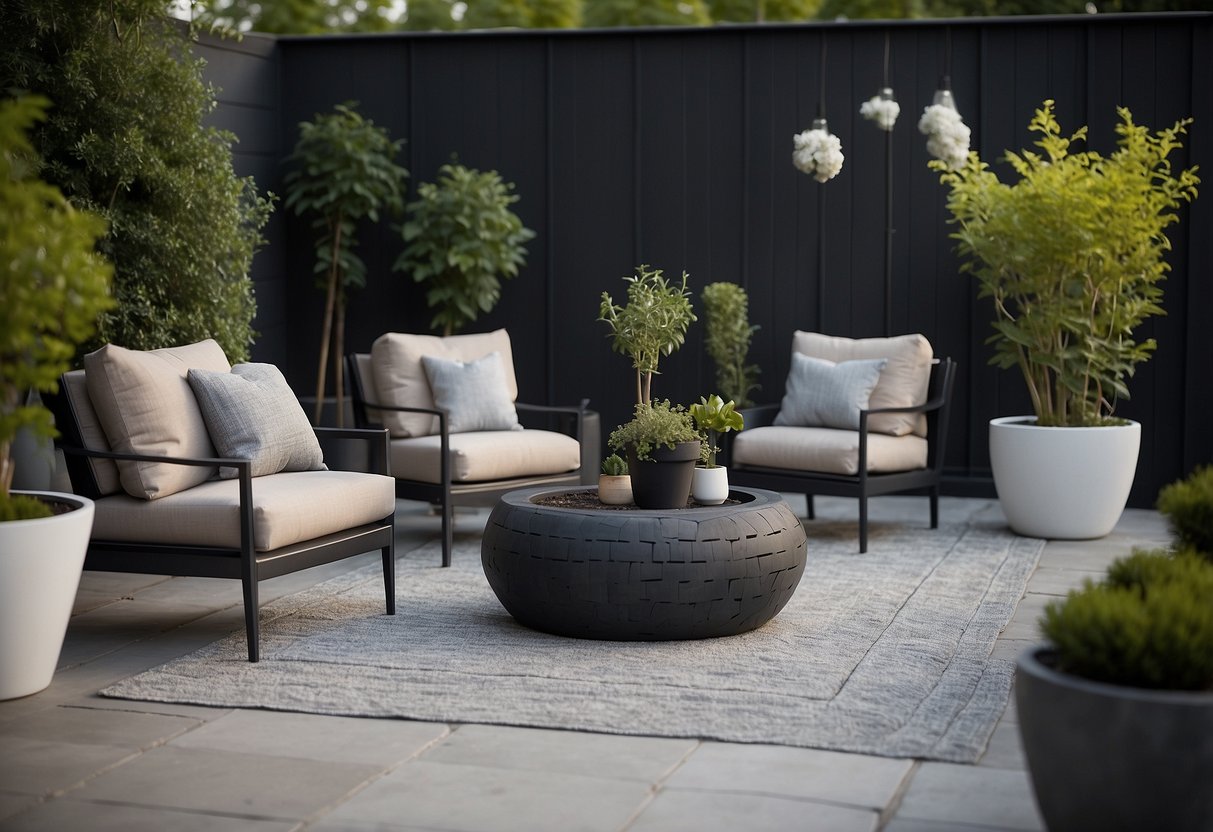 A modern gravel patio with sleek, geometric furniture and potted plants. Clean lines and minimalistic design create a serene outdoor space