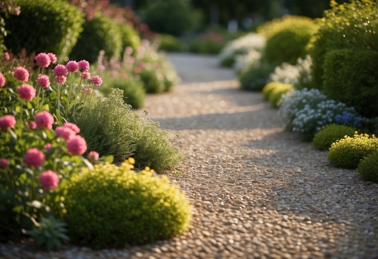 A gravel driveway winds through a garden, bordered by lush greenery and vibrant flowers. The gravel is neatly laid out, creating a clean and inviting pathway through the serene outdoor space