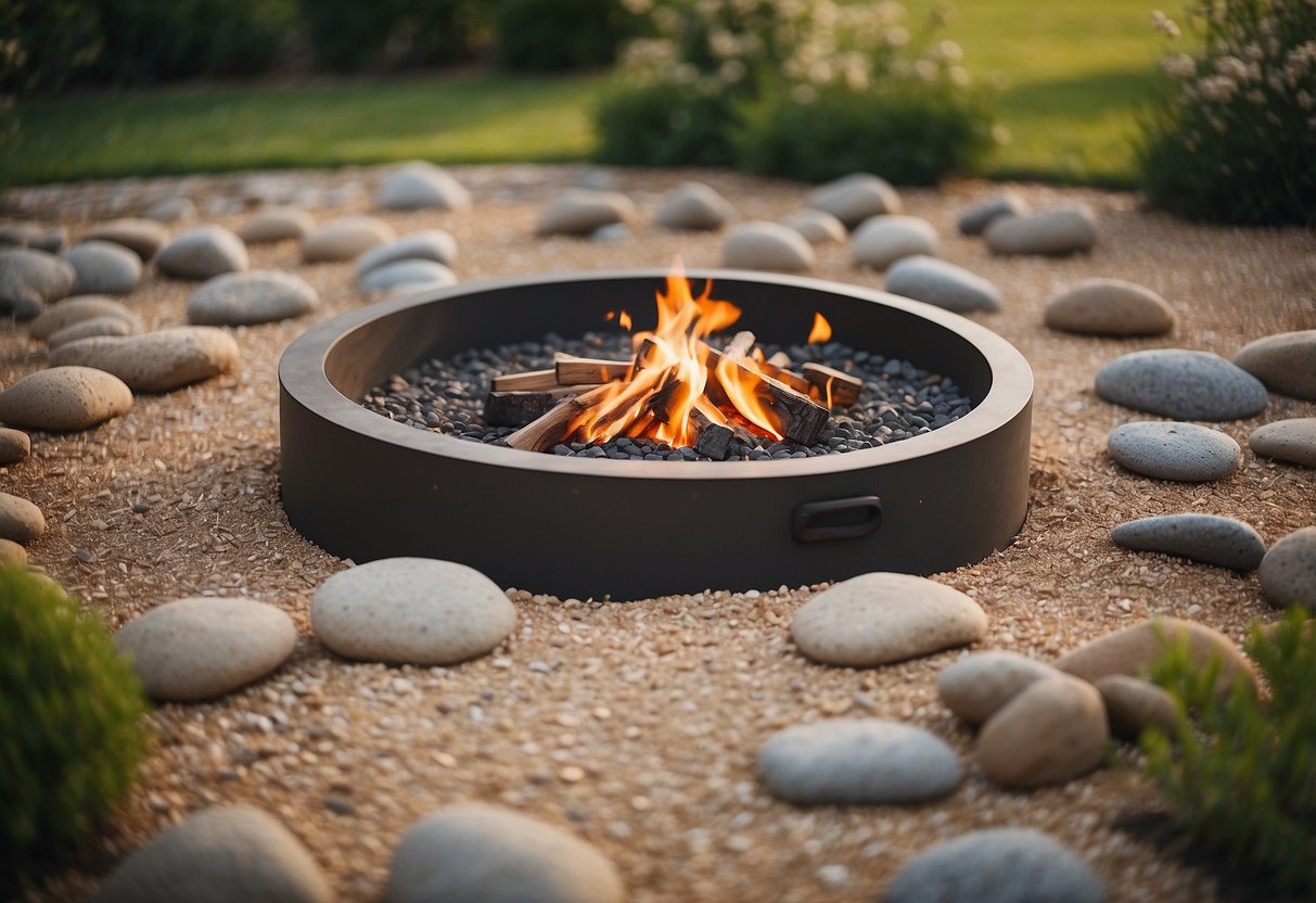 A fire pit surrounded by gravel and stone seating in a garden setting