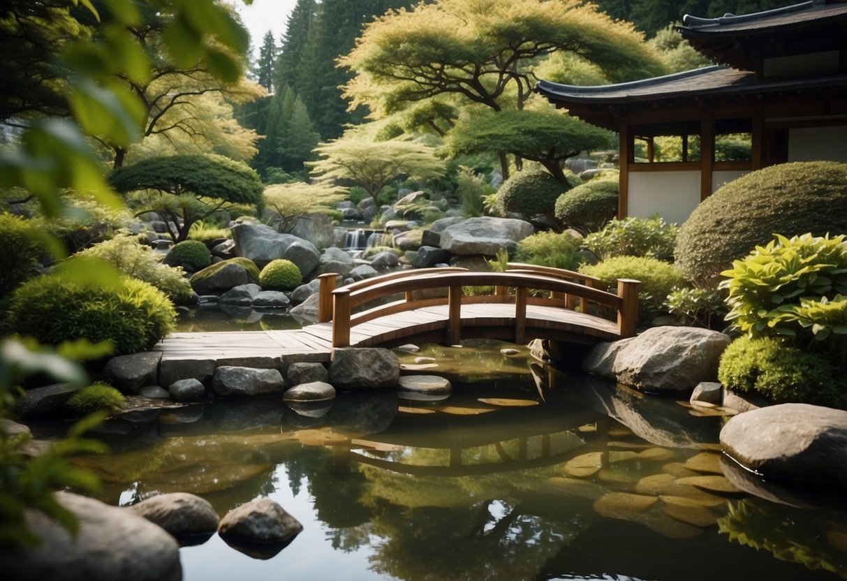 A serene koi pond nestled in a small Japanese garden, surrounded by lush greenery and carefully placed rocks, with a wooden bridge crossing over the clear water