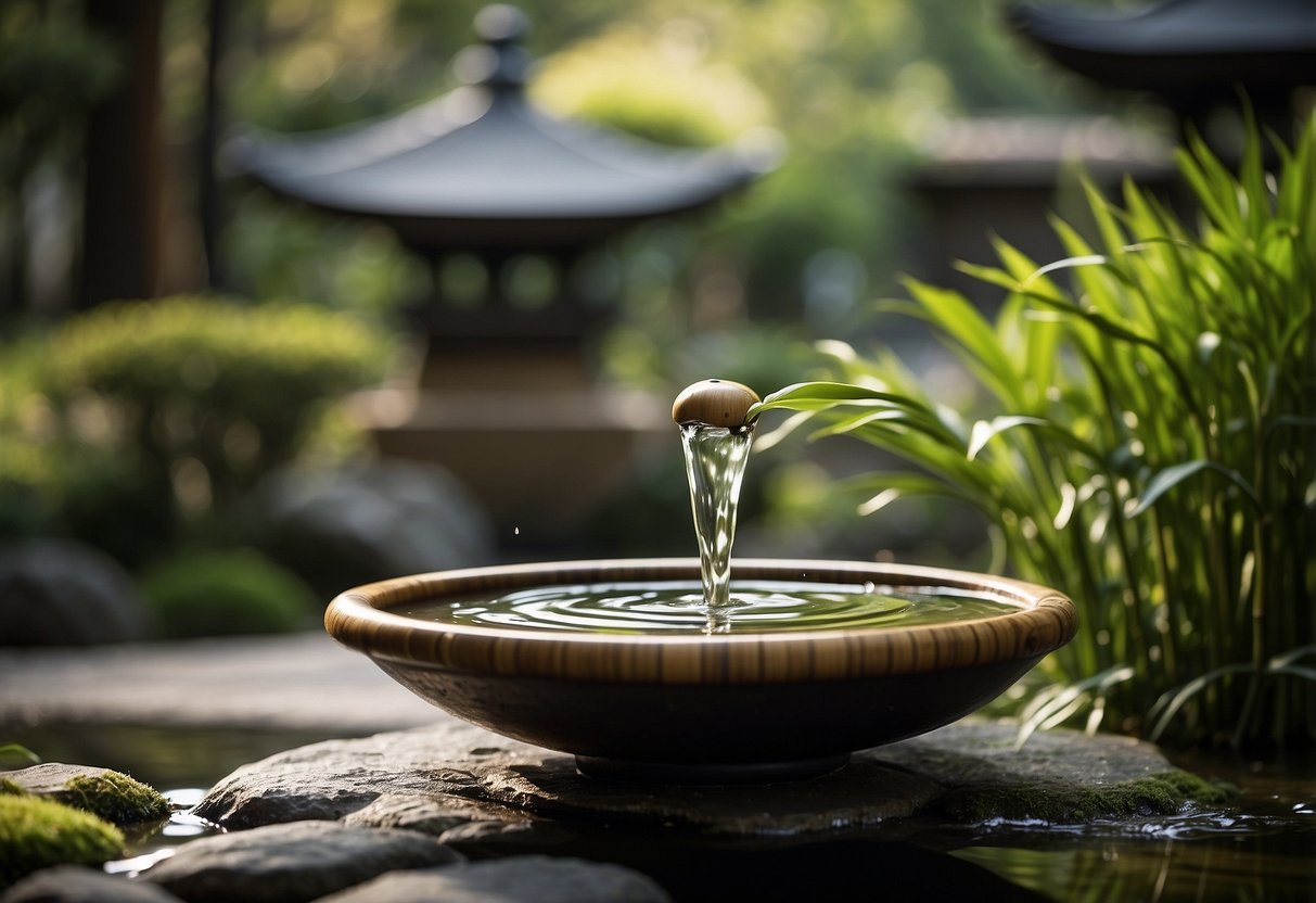 A bamboo fountain trickles in a serene Japanese garden, nestled within a small space