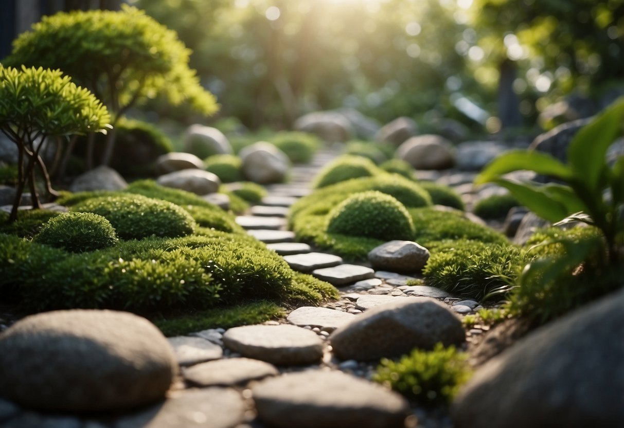 A serene Zen garden with meandering pathways, carefully placed rocks, and lush greenery, evoking a sense of tranquility and mindfulness