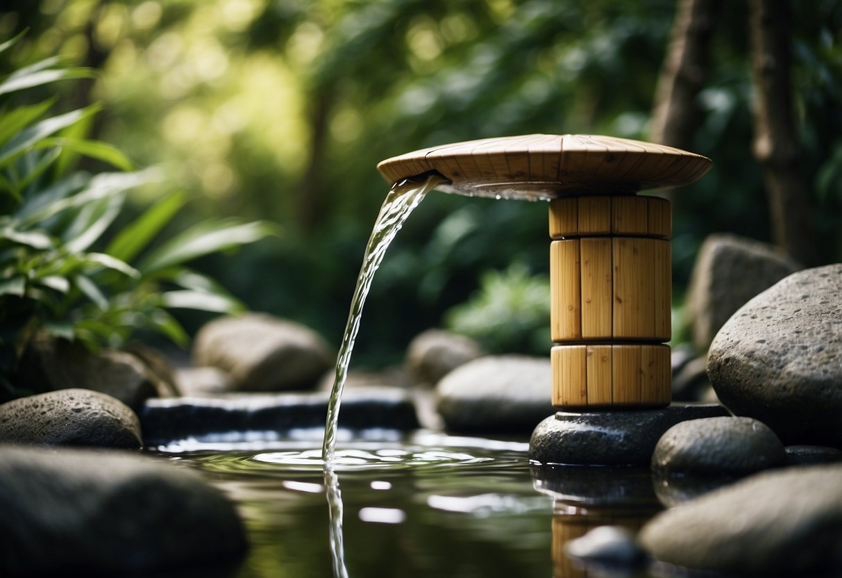 A bamboo water fountain flows in a serene Japanese garden, surrounded by carefully placed rocks and lush greenery