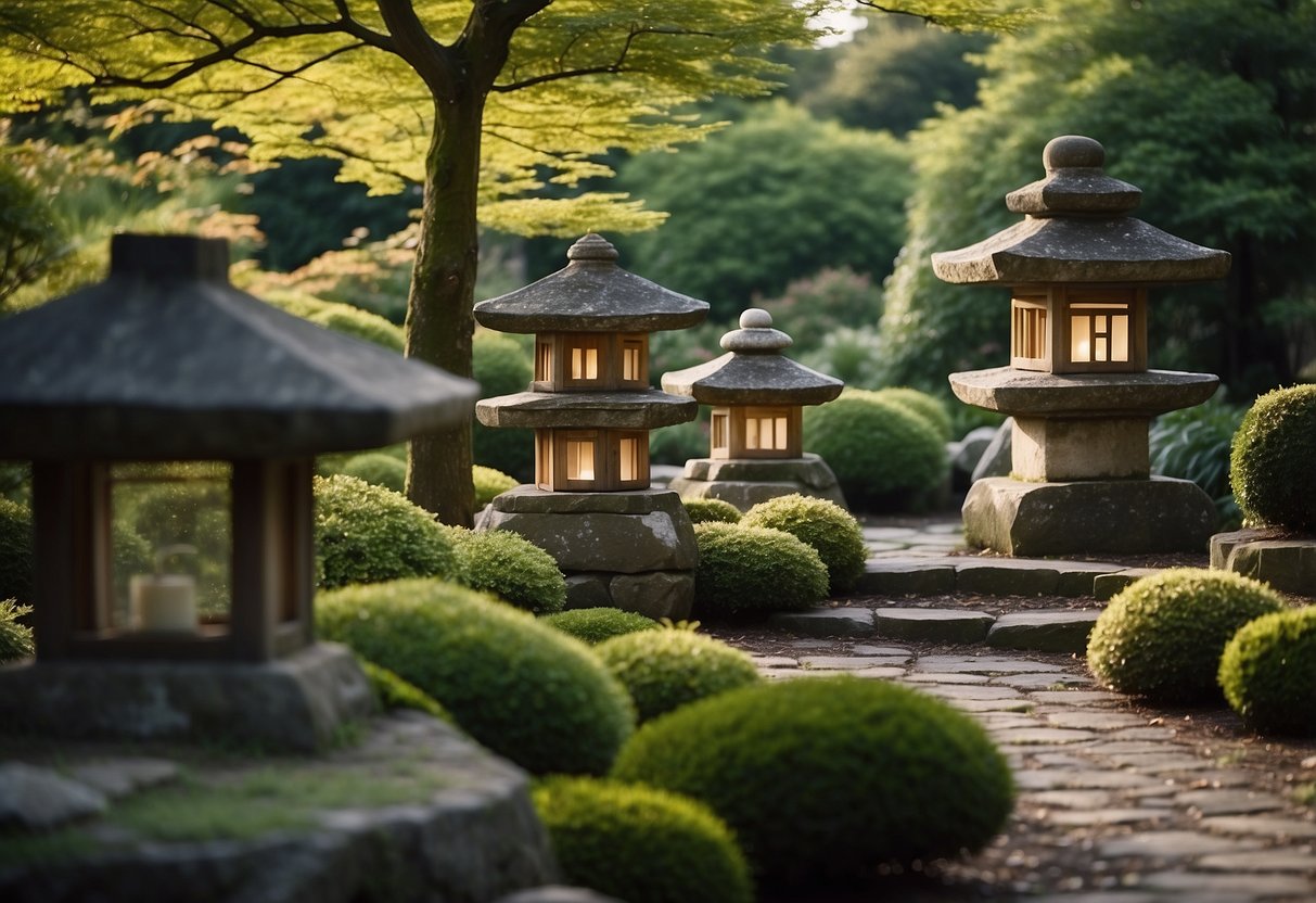 Stone lanterns illuminate a serene Japanese garden in the UK. Lush greenery surrounds the small space, creating a peaceful and tranquil atmosphere