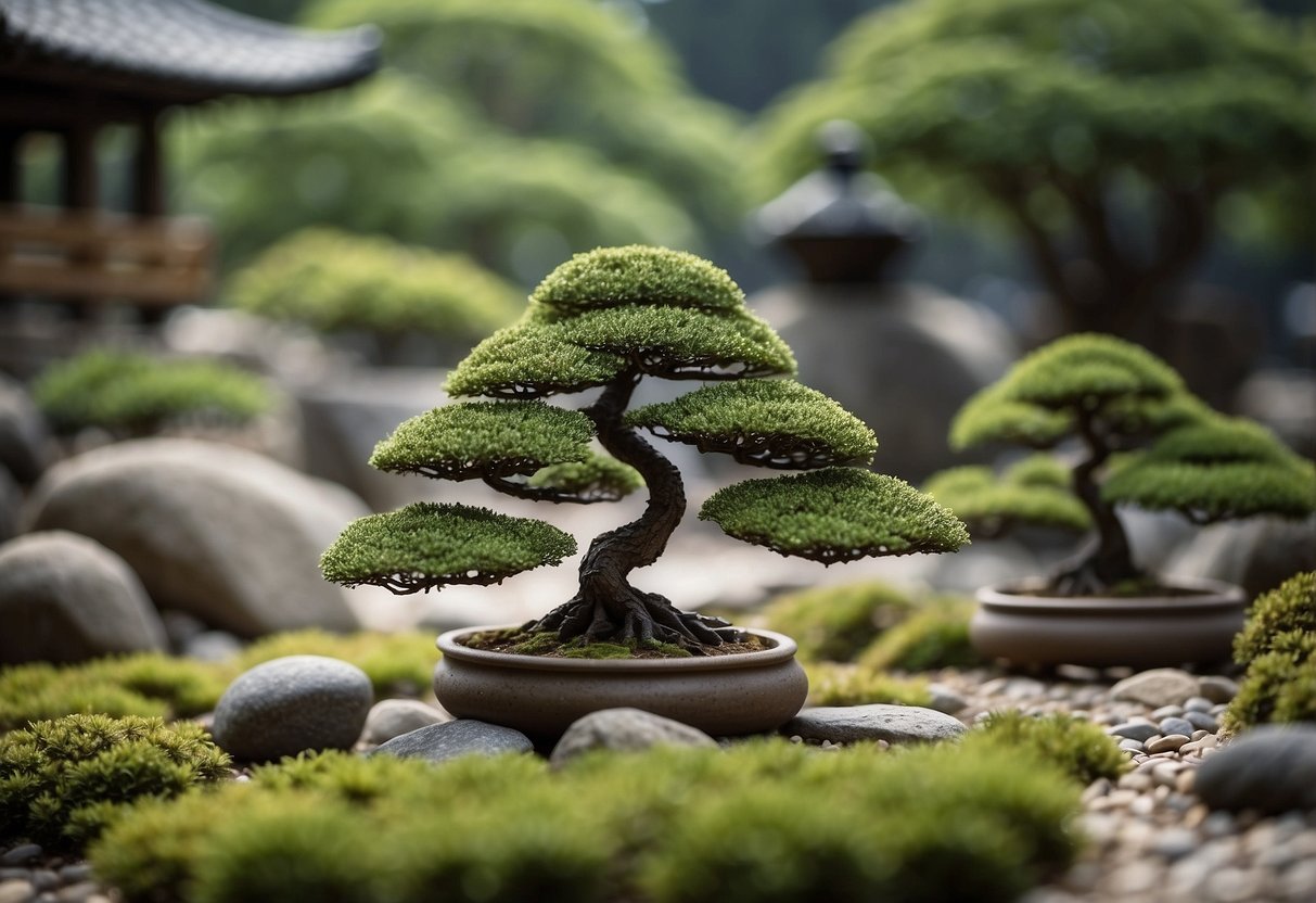 Miniature Bonsai Trees arranged in a small Japanese garden, with a stone pathway and delicate gravel, creating a serene and tranquil atmosphere