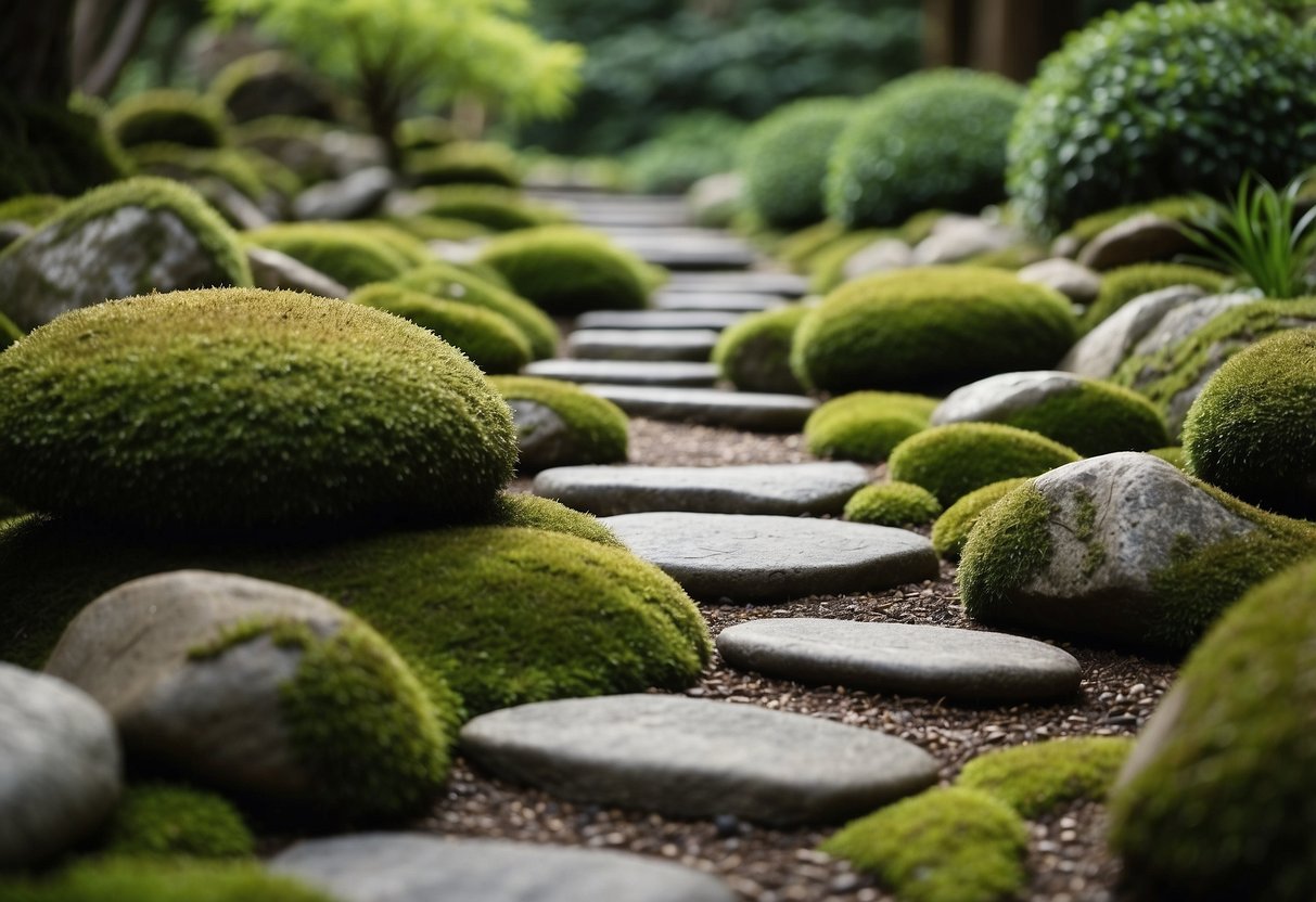 Moss-covered stepping stones lead through a serene Japanese garden, with carefully placed rocks, lush greenery, and a tranquil atmosphere