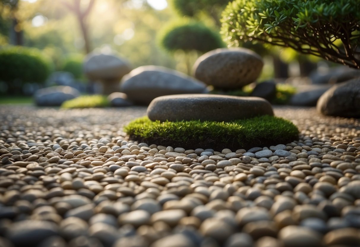 A serene gravel meditation area in a small Japanese garden, featuring carefully raked patterns and surrounding greenery