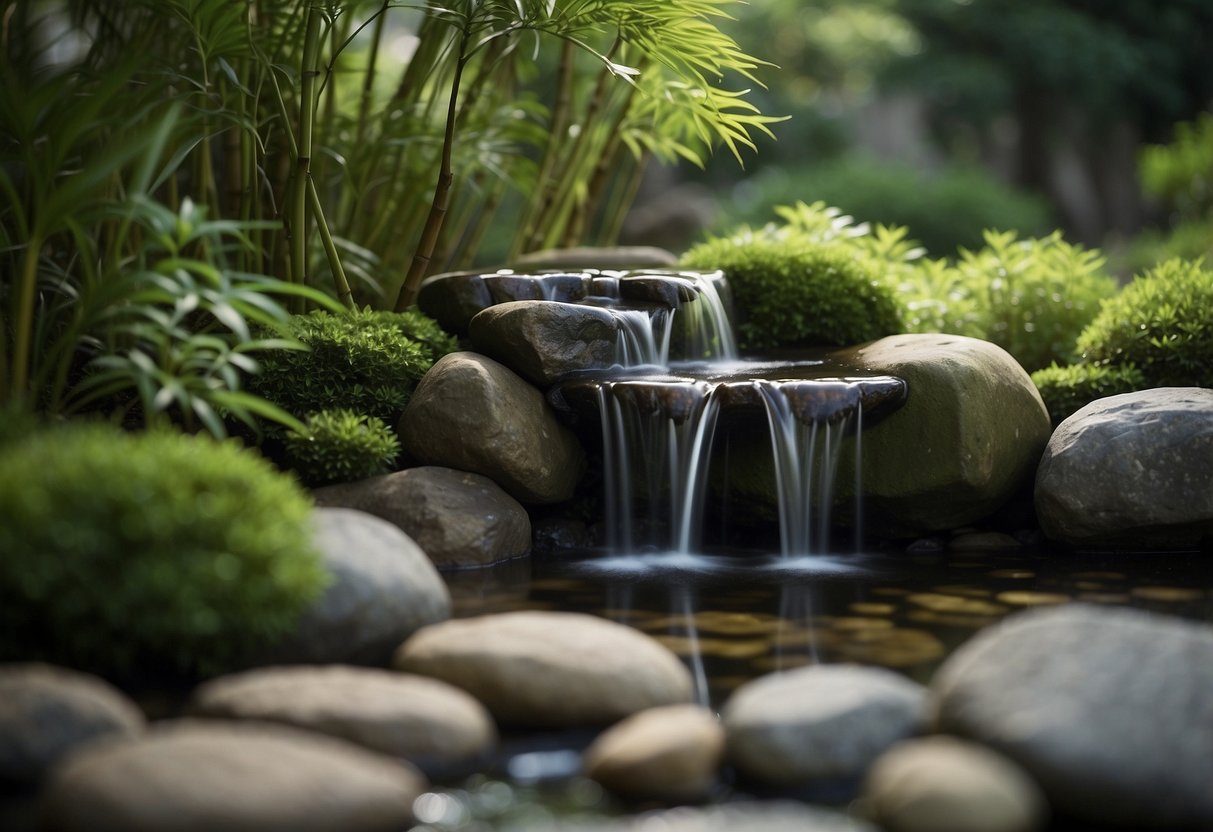 A traditional Shishi Odoshi bamboo water feature in a serene Japanese garden, with lush greenery and carefully placed stones