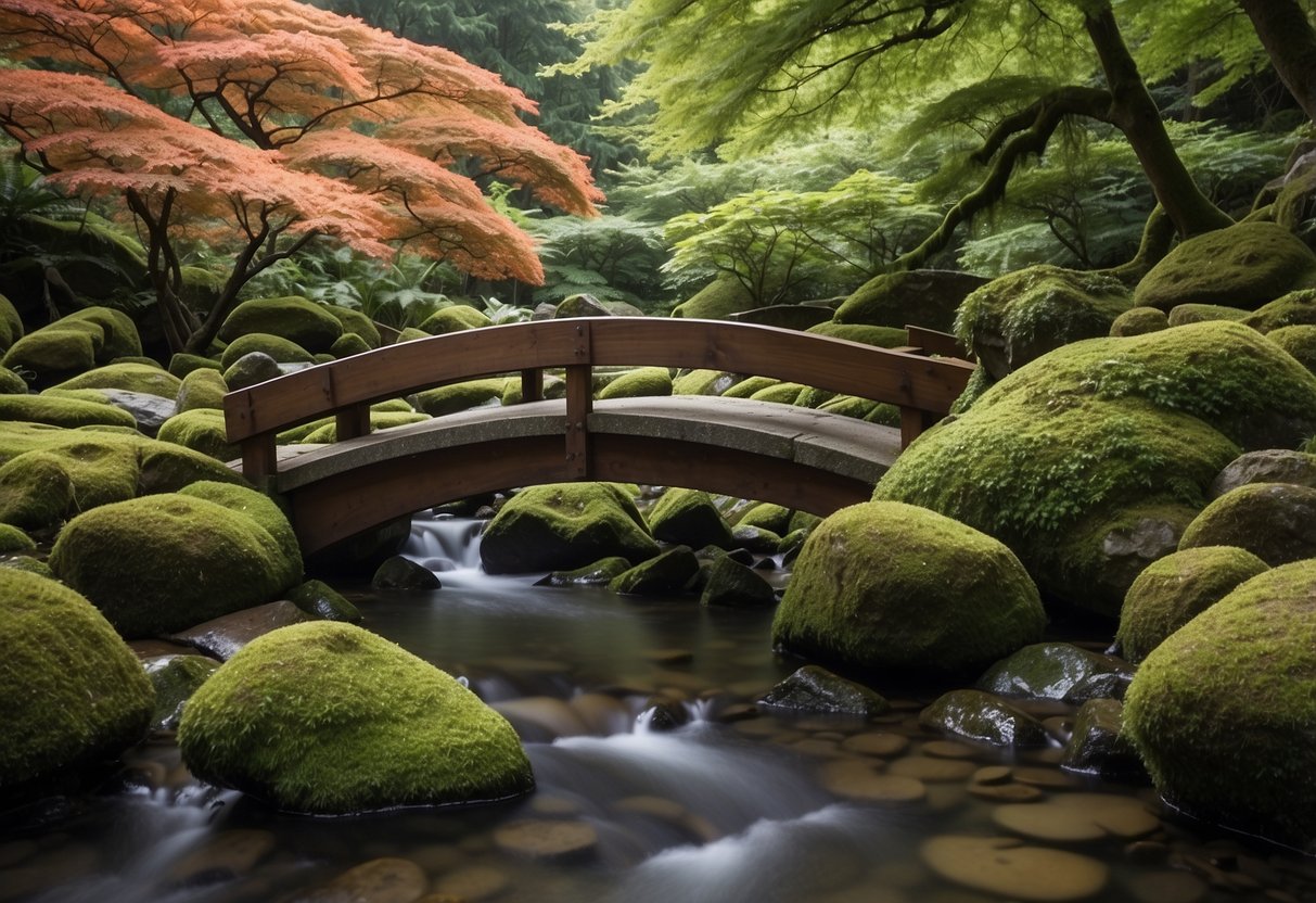 A Japanese maple tree stands in a small garden, surrounded by carefully placed rocks and moss. A wooden bridge crosses a tranquil stream, adding to the serene atmosphere