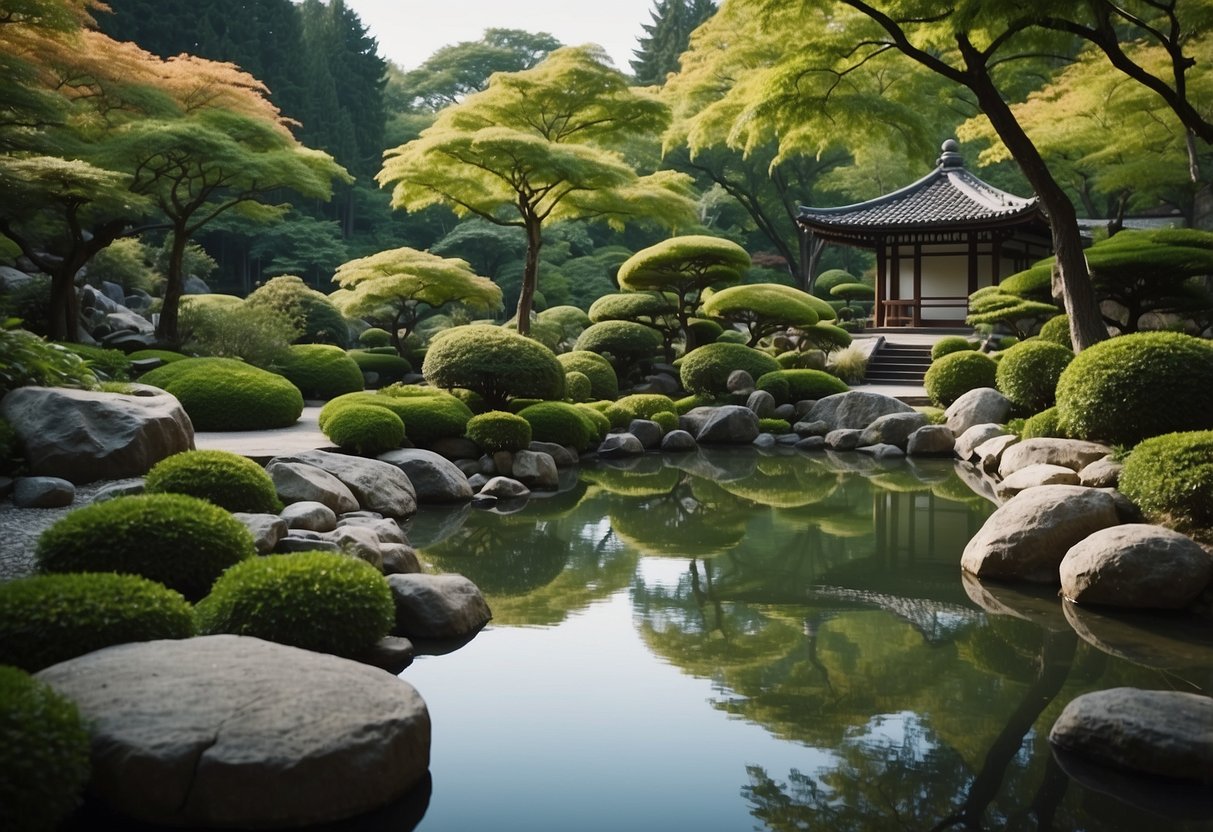 A serene Japanese garden with carefully placed rocks, a winding path, and a tranquil pond surrounded by lush greenery