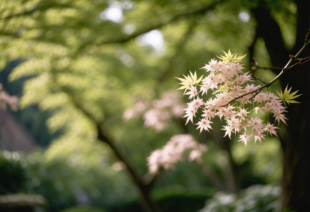 Lush greenery of Japanese maple, bamboo, and cherry blossoms in a serene UK garden