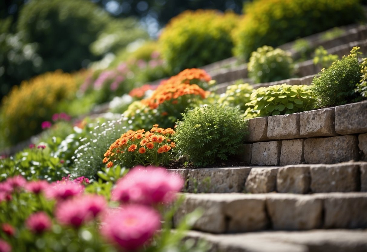 A series of terraced retaining walls rise up the sloping garden, creating a tiered effect with lush greenery and colorful flowers