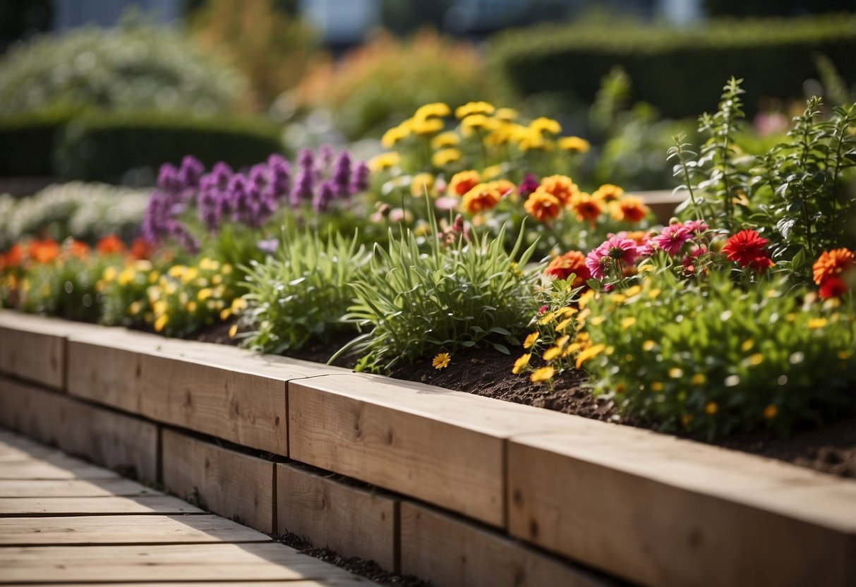 The raised flower beds slope upwards in the garden, creating a layered effect with various plants and flowers blooming at different heights