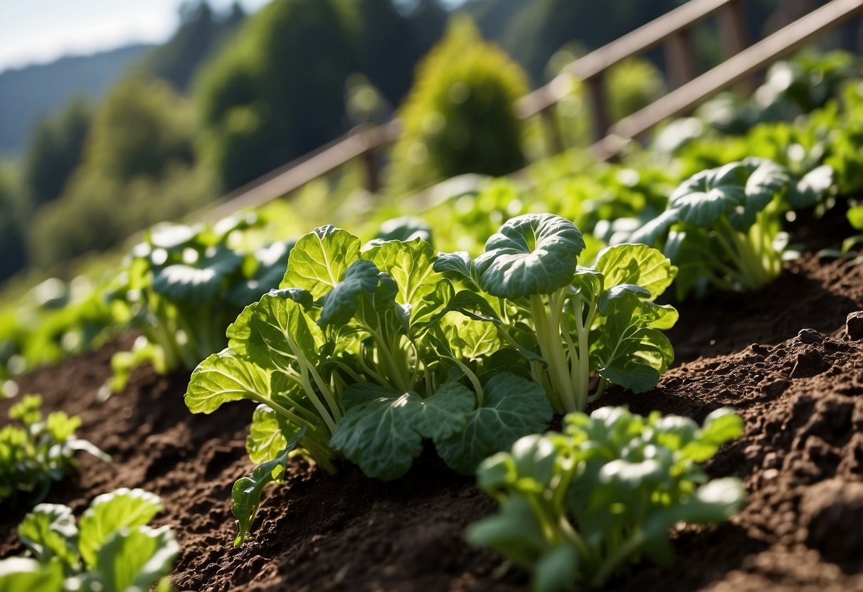 Lush green vegetables cascade down terraced garden beds, nestled against a gentle upward slope